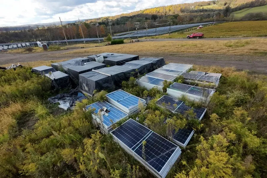 Commercial building with rooftop solar and a ground array beyond